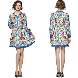 Diandian Didi Designer Inspired Multicolor Printed 1/2 Button Fit-Flare Dress L